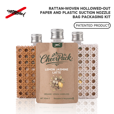 Ποιότητα  Reusable Rattan Woven Spout Pouch with Aluminum Cap | CheerPack Patented 100ml rattan-woven hollow-out spout pouch with reusable Sleeve and aluminum screw cap. Eco cosmetic packaging, OEM/ODM welcome. Εργοστάσιο